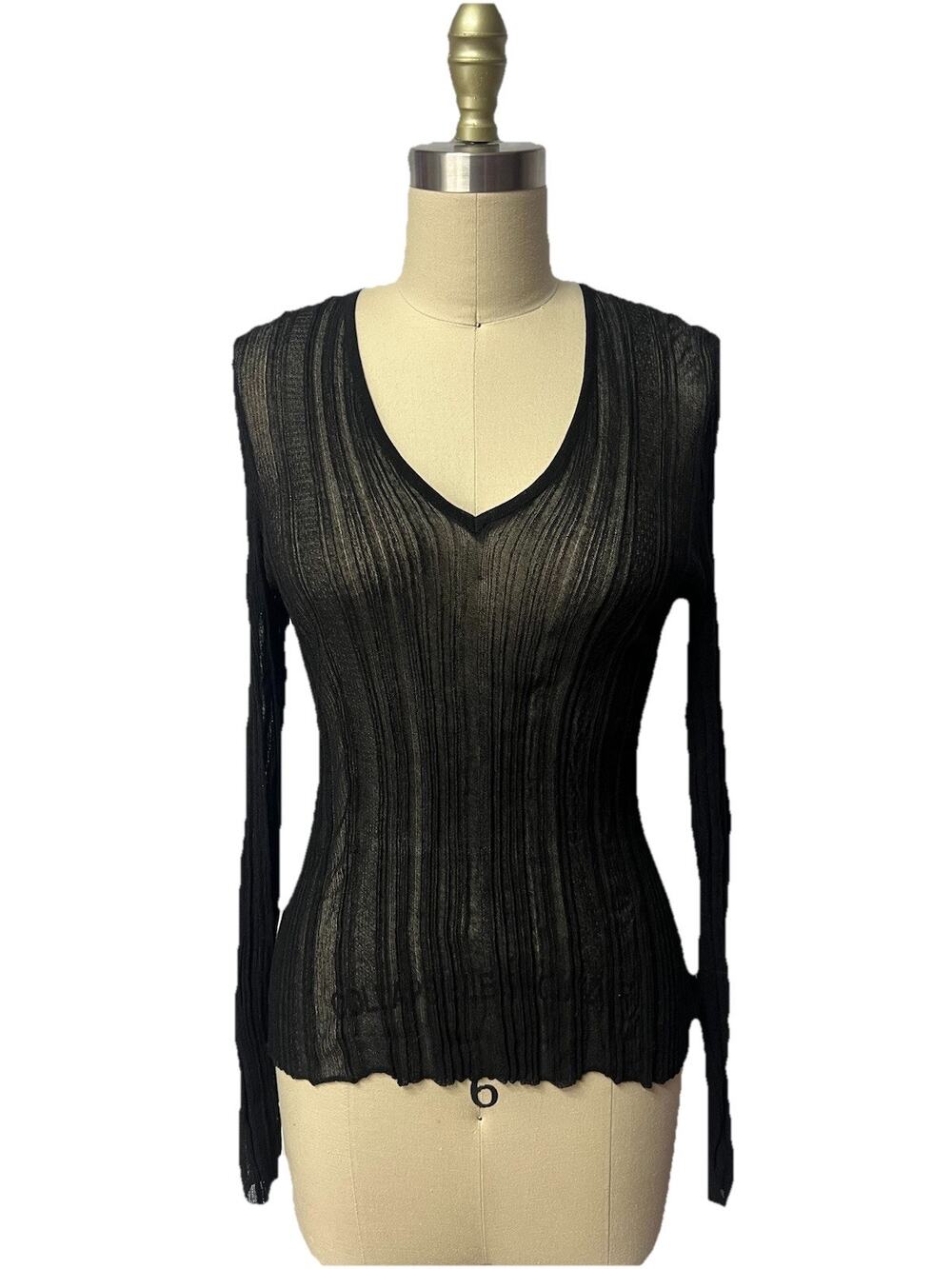 Lida Baday Black Sheer Mesh Ribbed Fitted V Neck Sweater Long Slv Pullover Top M